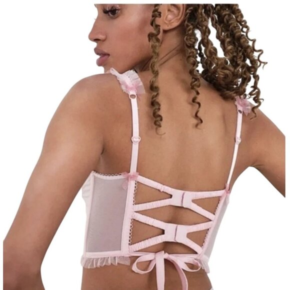 For Love & Lemons Pink Heart Mesh Corset Top With Ruffle Trim XXS - Picture 3 of 16